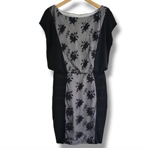 Sangria Dress Size 6 Black Gray Side Tiered Stretch Jersey Blouson Elastic Waist